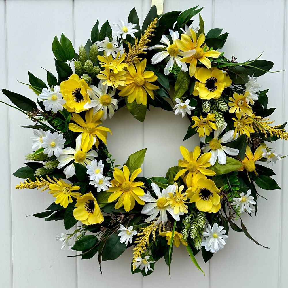 Handmade Spring Summer Floral Yellow & White Grapevine Wreath, Rose, Daisy